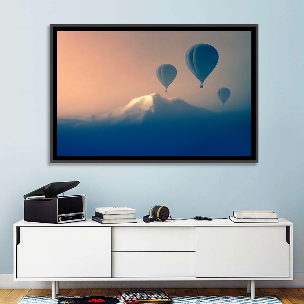 Three Hot Air Balloons Over Misty Peak Wall Art