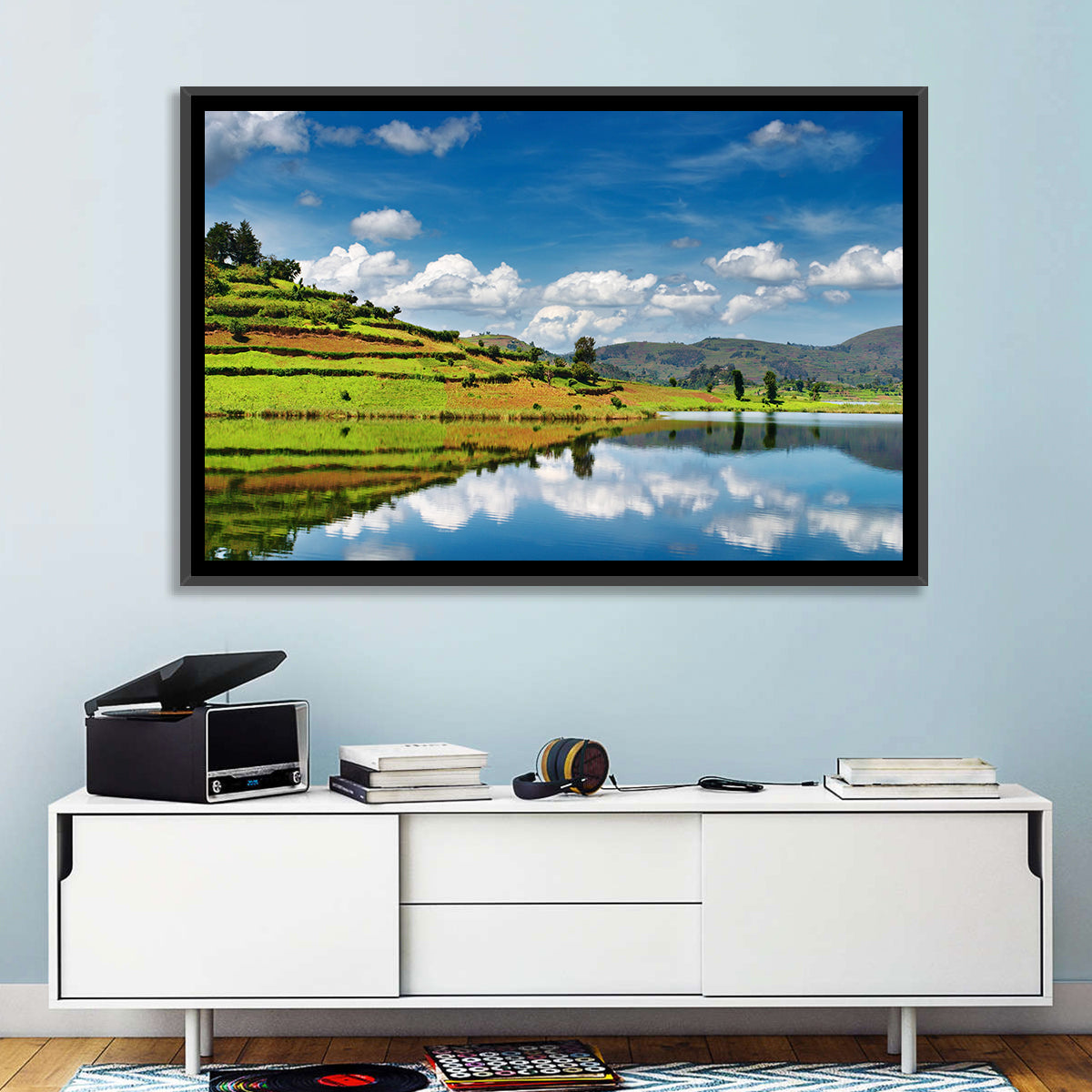 Bunyonyi Lake Reflection Wall Art in a room, landscape