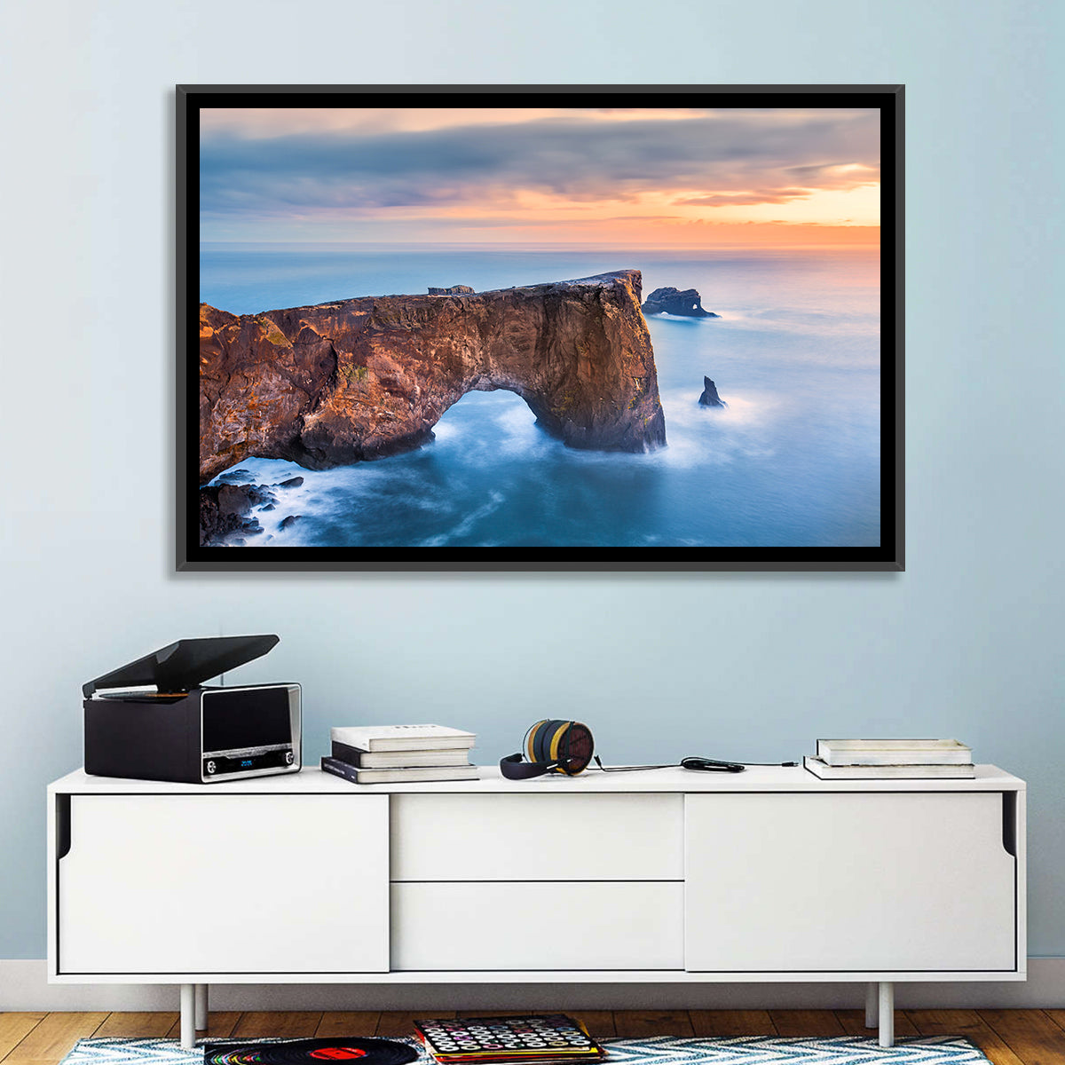 Dyrhólaey Sea Arch at Sunset Wall Art in a room, landscape