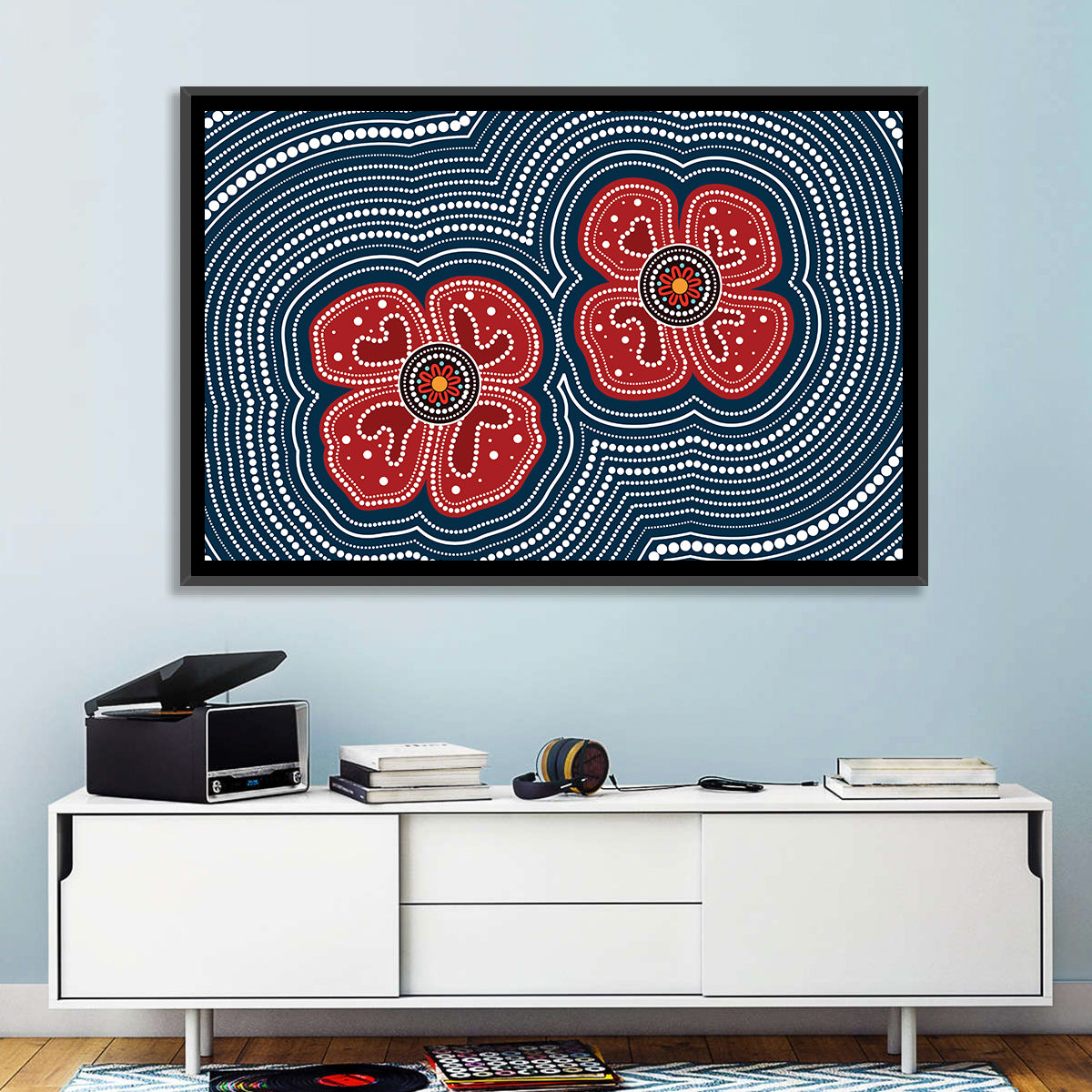 Aboriginal Poppy Duo Wall Art in a room, landscape