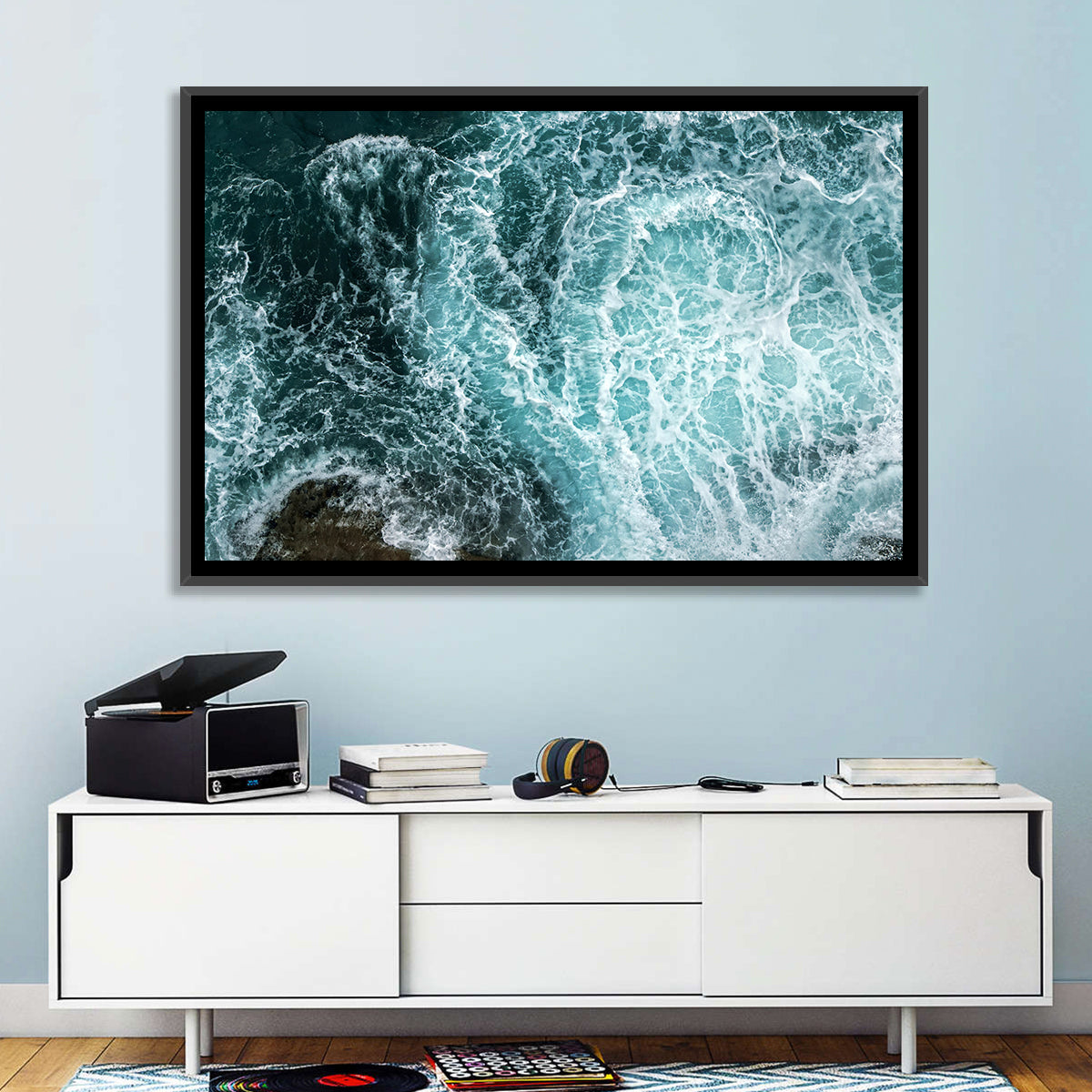 Aerial Ocean Waves with Sea Foam Wall Art in a room, landscape