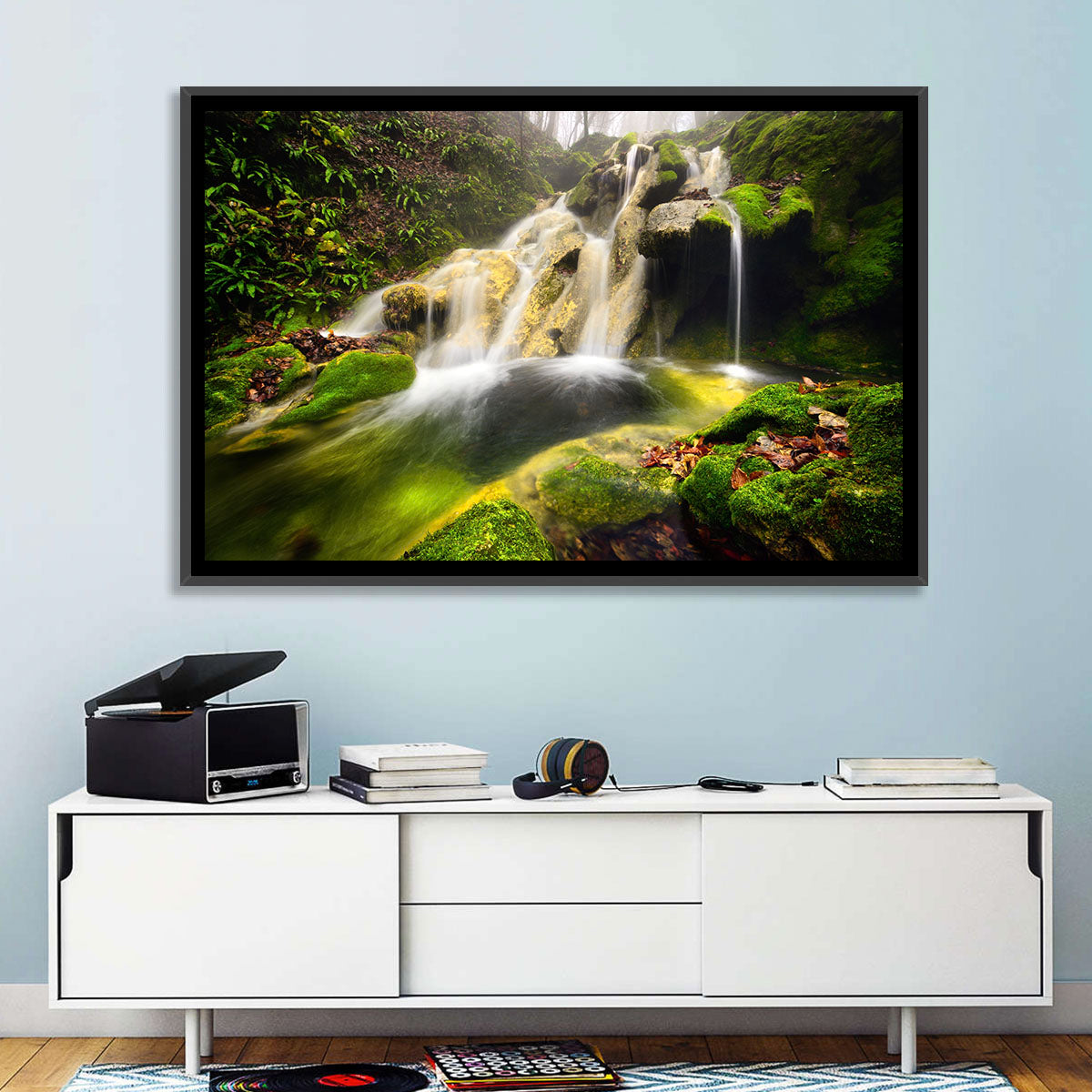 Cheile Nerei Mossy Waterfall Wall Art in a room, landscape