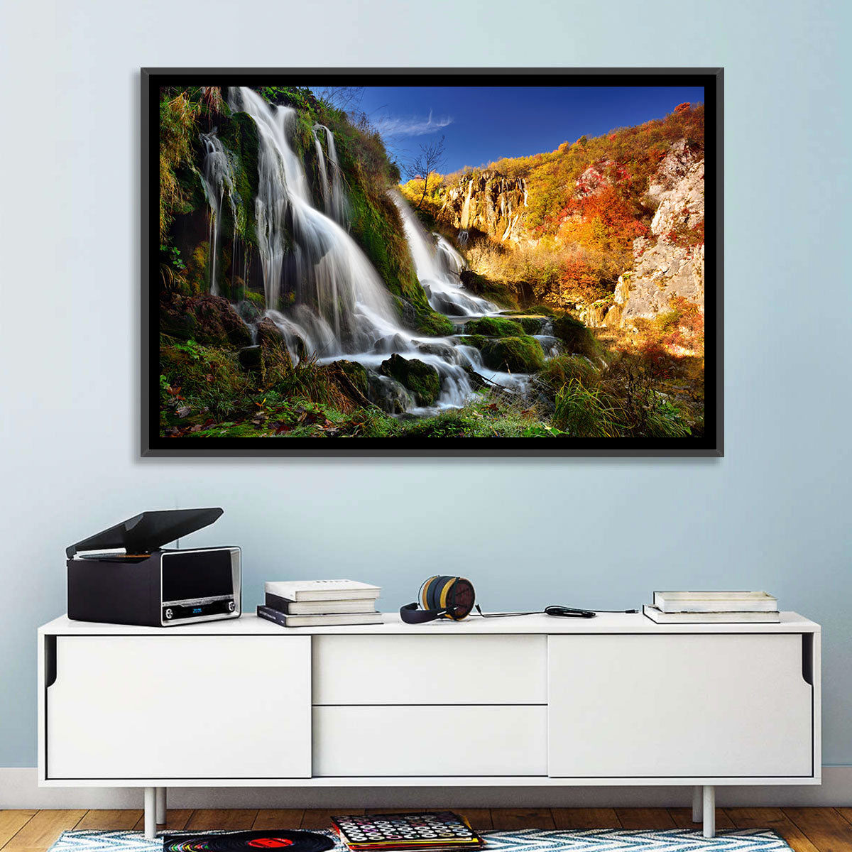 Plitvice Lakes Waterfall Wall Art in a room, landscape