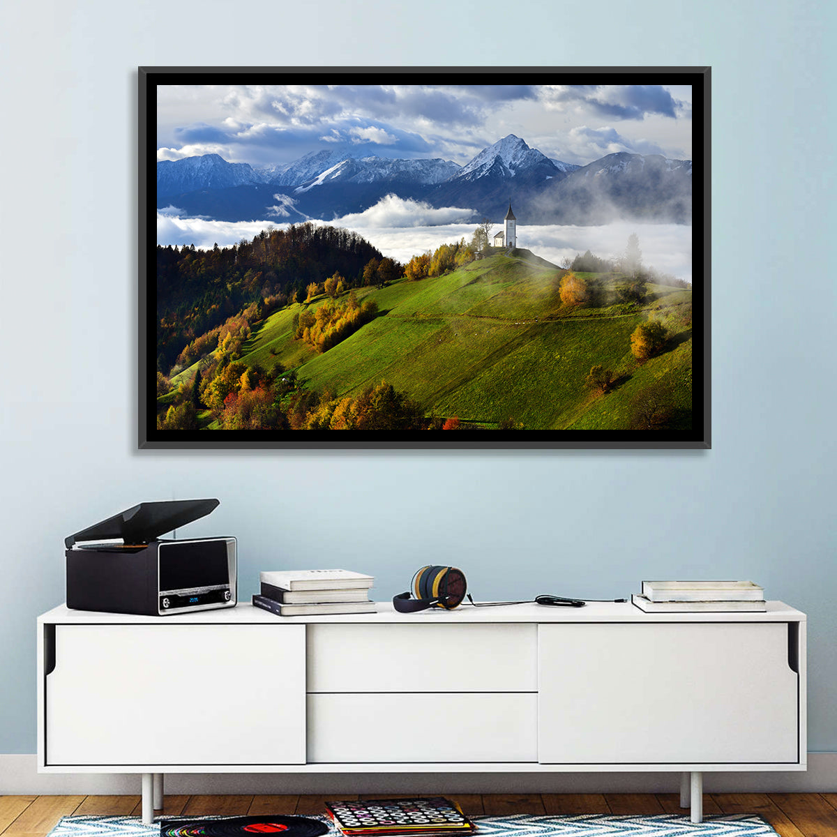 Jamnik Church on Misty Hill Wall Art in a room, landscape