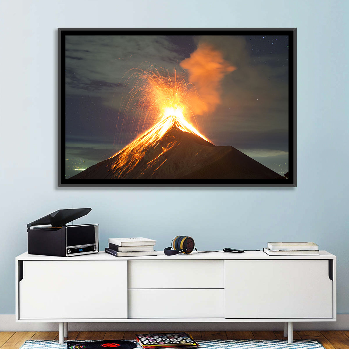 Starry Night Volcano Eruption Wall Art in a room, landscape