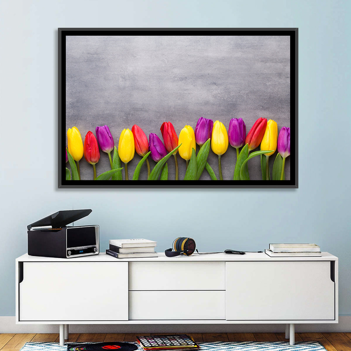Row of Multicolored Tulips Wall Art in a room, landscape