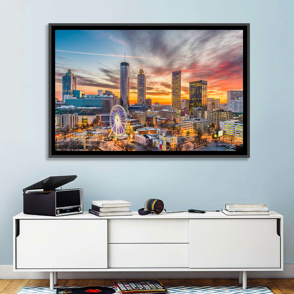 Atlanta Skyline with Skyview Wheel Wall Art in a room, landscape