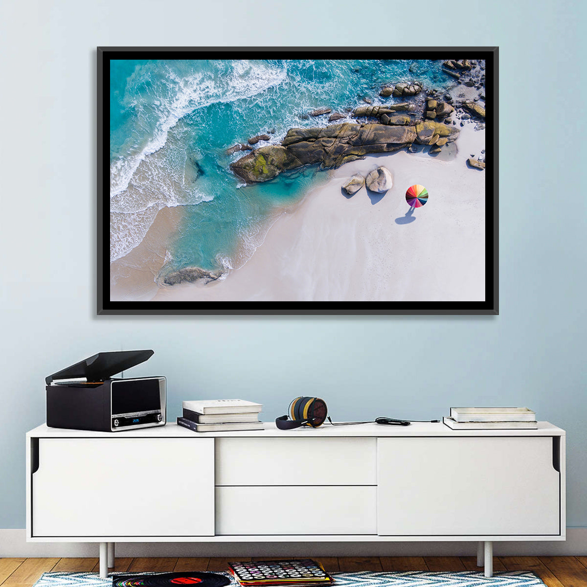 Aerial Beach with Rainbow Umbrella Wall Art in a room, landscape