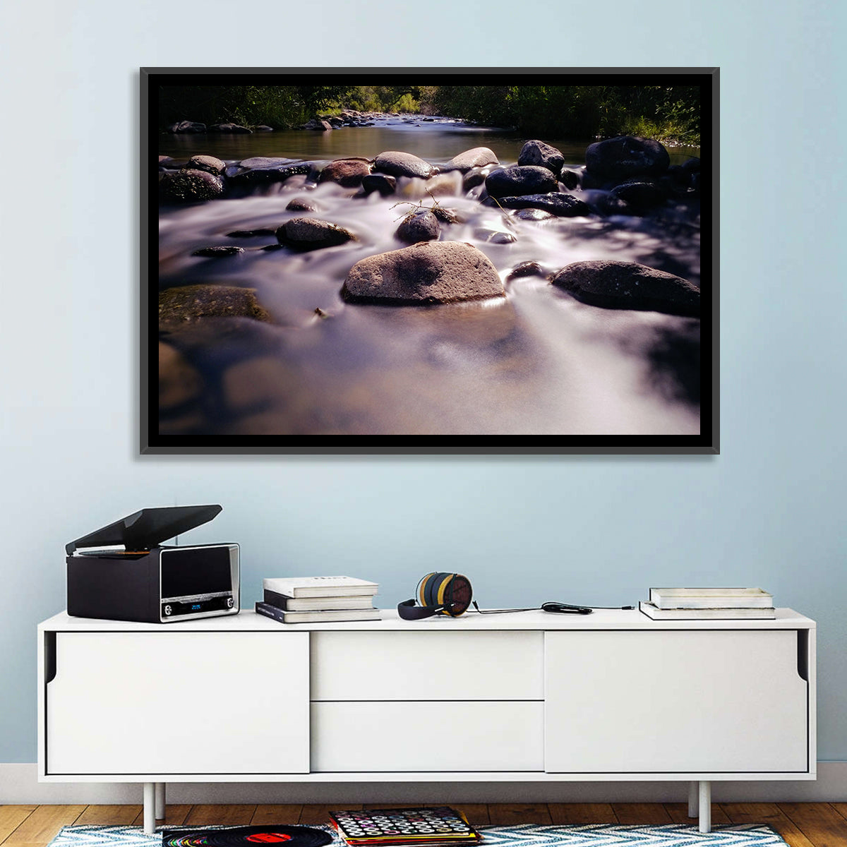 Truckee River Sunlit Rocks Wall Art in a room, landscape