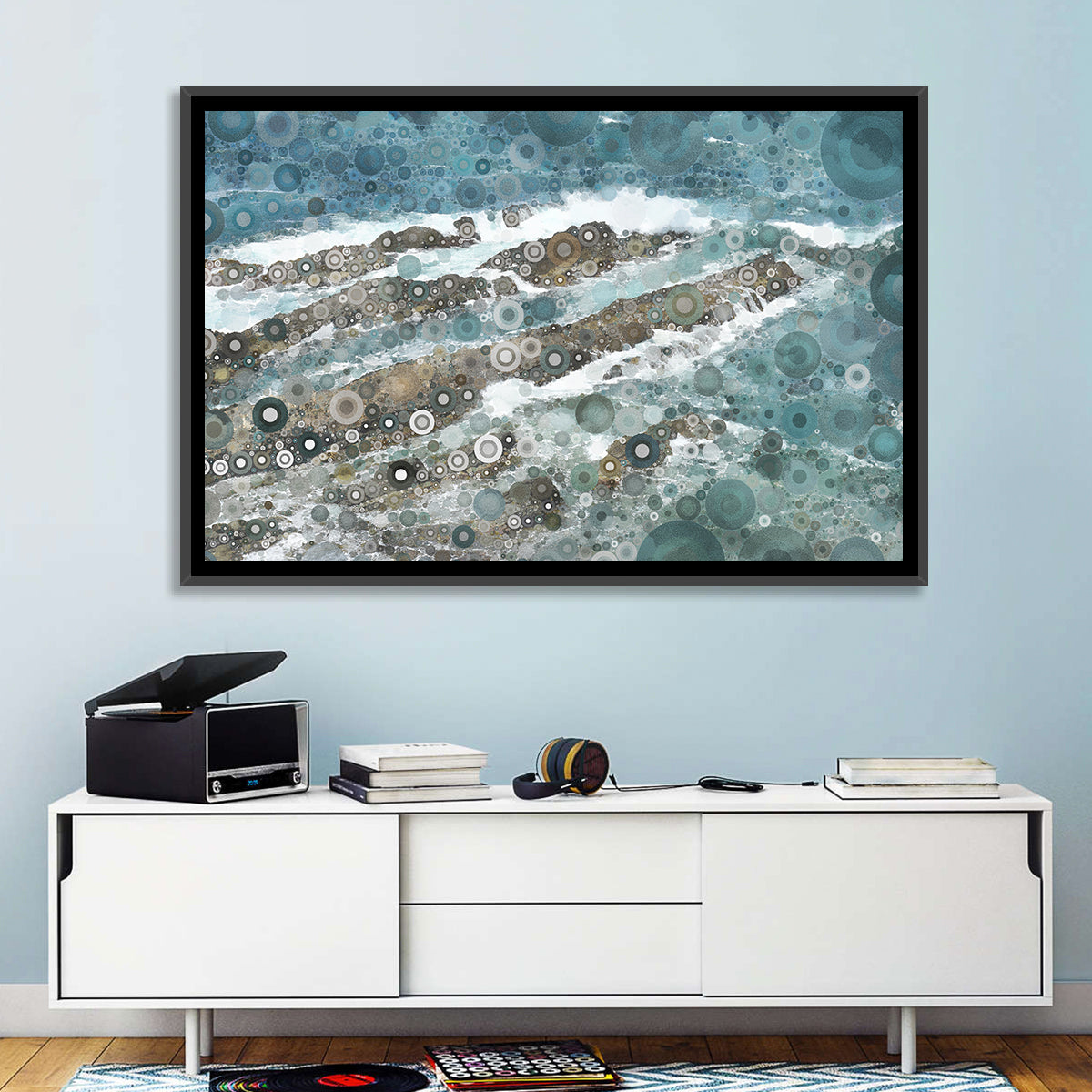 Teal Mosaic Ocean Wave Wall Art in a room, landscape