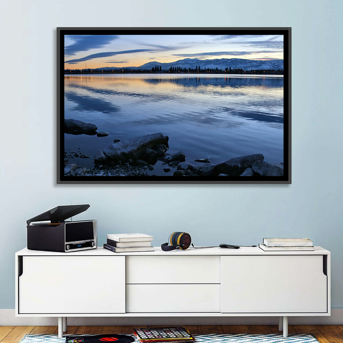 Sparks Marina Twilight Reflection Wall Art in a room, landscape