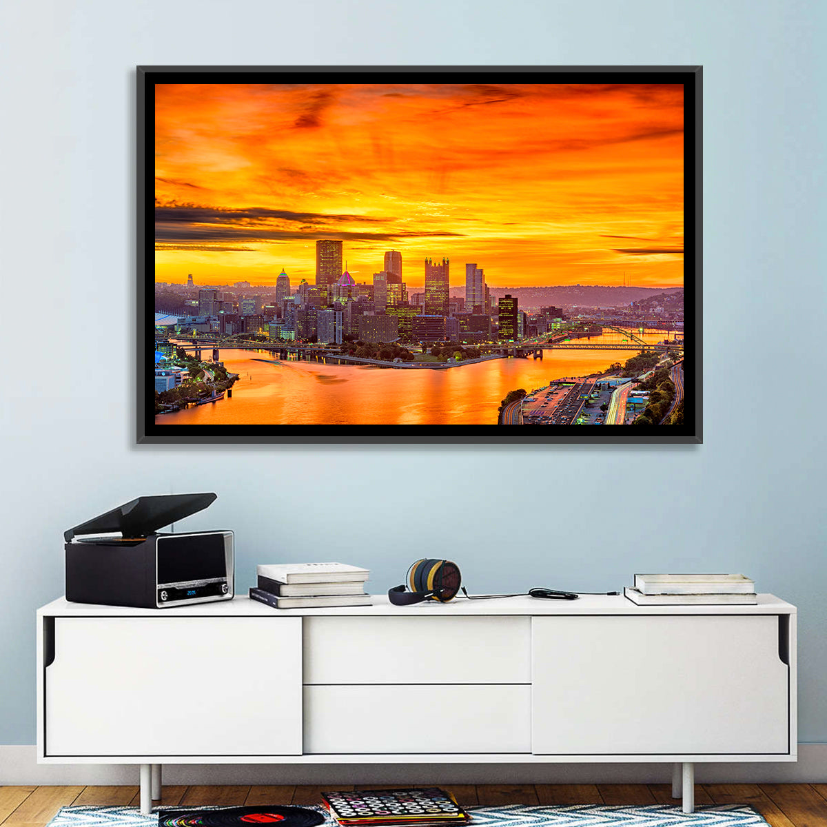 Pittsburgh Skyline at the Point Wall Art in a room, landscape