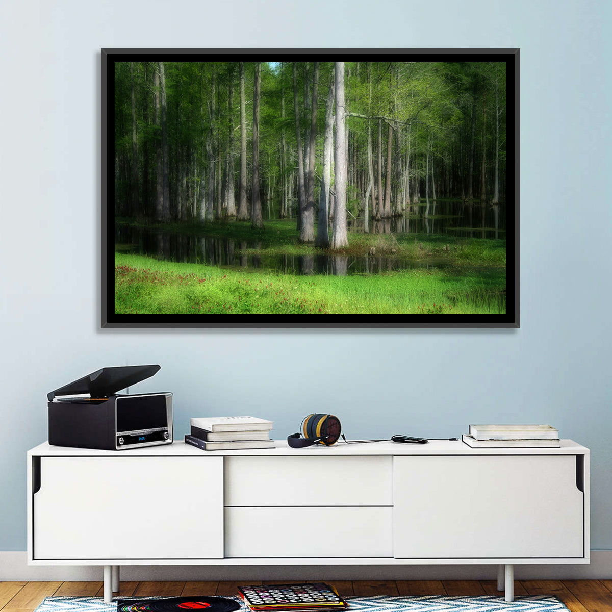 Lush Cypress Swamp Wall Art in a room, landscape