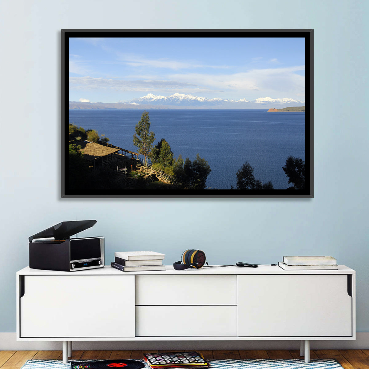 Lake Titicaca Thatched Roof View Wall Art in a room, landscape
