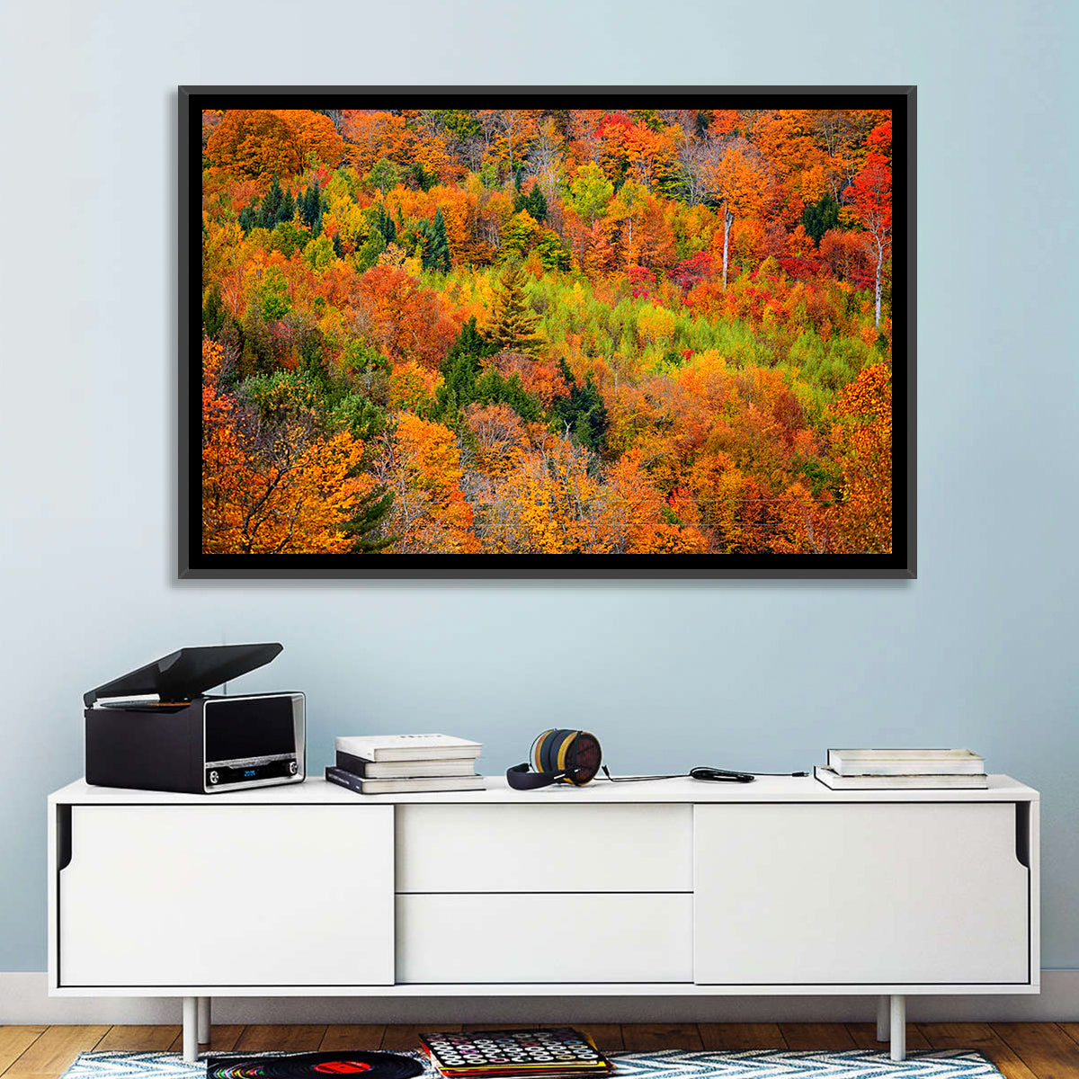 Vermont Autumn Mountain Forest Wall Art in a room, landscape