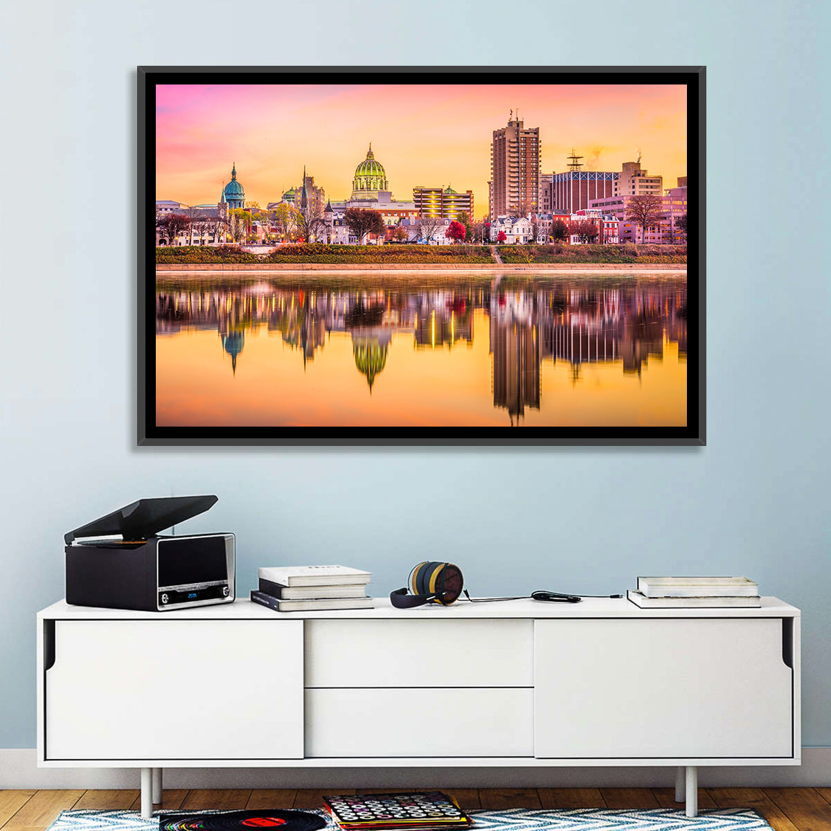Harrisburg Golden Hour Skyline Wall Art in a room, landscape