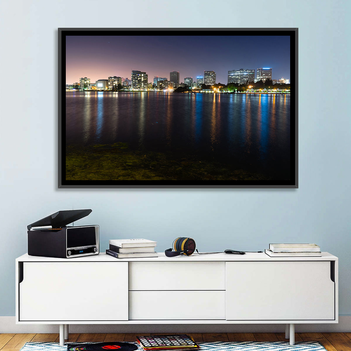 Oakland Skyline Over Lake Merritt Wall Art in a room, landscape