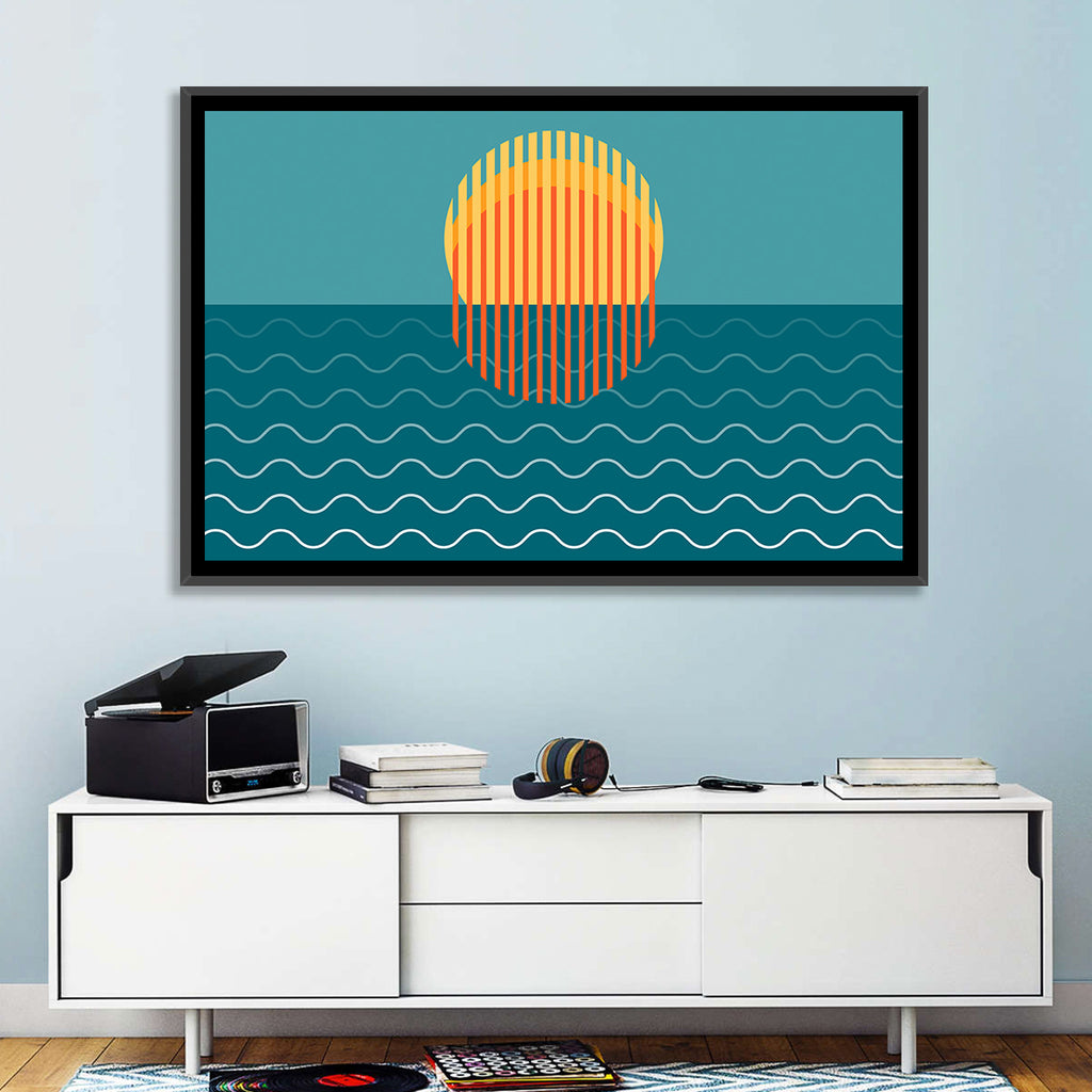 Teal Ocean Sunset Illustration Wall Art