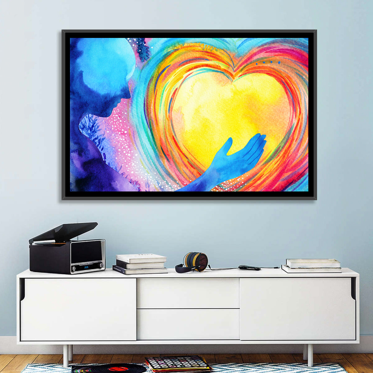 Blue Silhouette with Radiant Heart Wall Art in a room, landscape