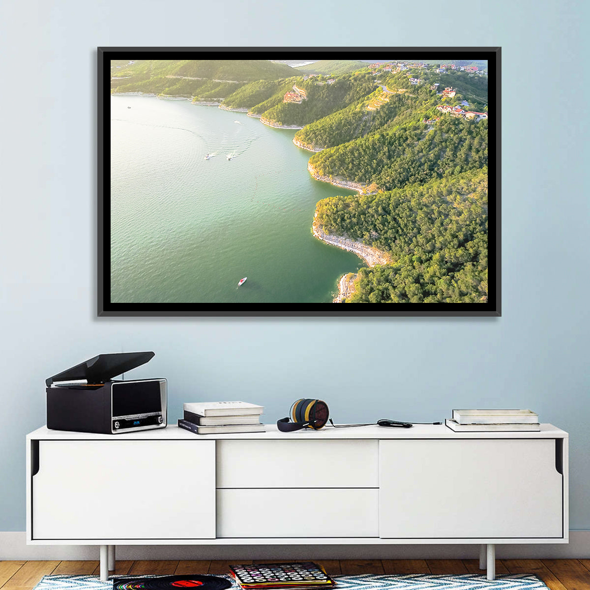 Lake Travis Aerial View Wall Art in a room, landscape
