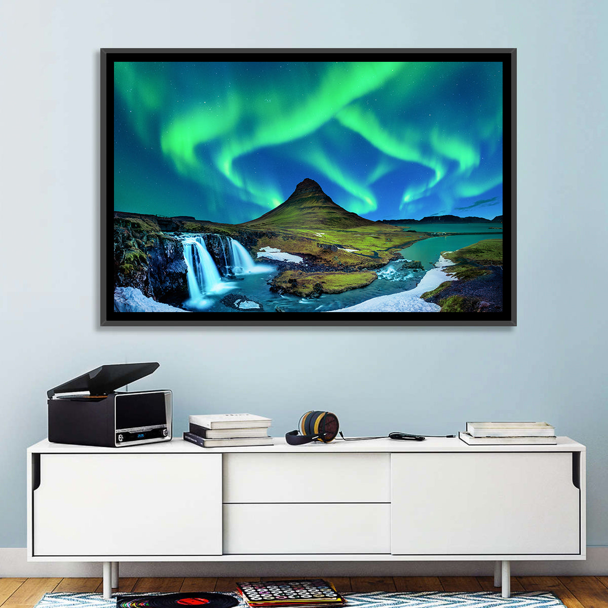 Kirkjufell Northern Lights Wall Art in a room, landscape
