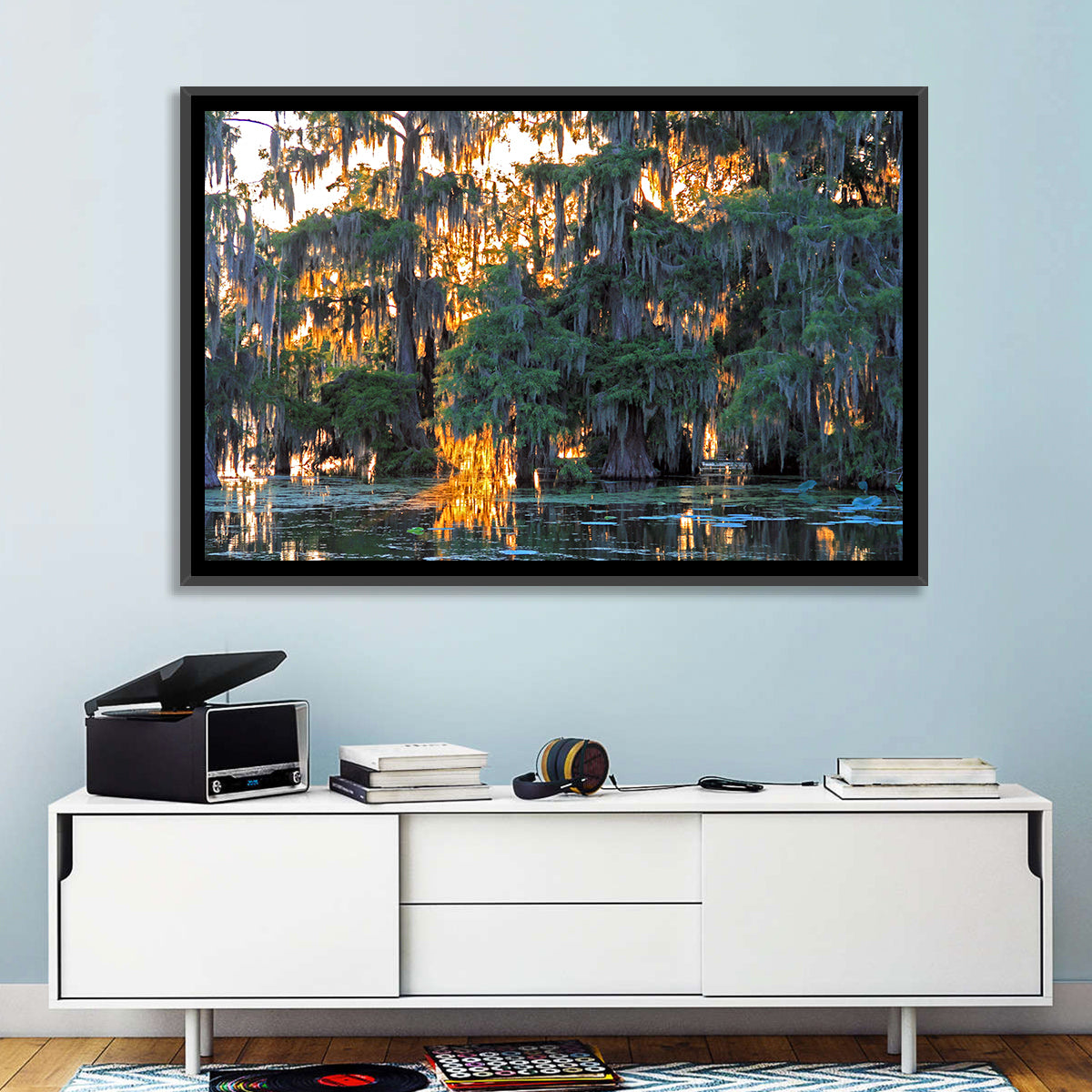 Lake Martin Cypress Reflection Wall Art in a room, landscape
