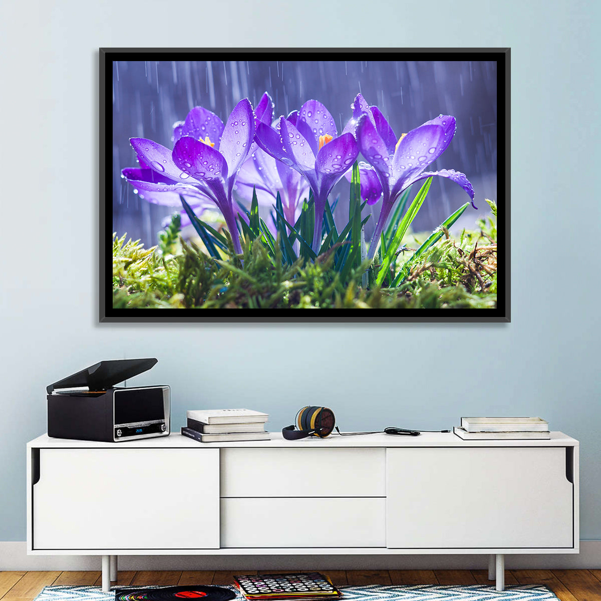 Rainy Purple Crocuses Wall Art in a room, landscape