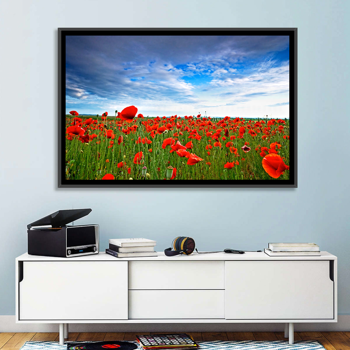 Red Poppy Field Wall Art in a room, landscape