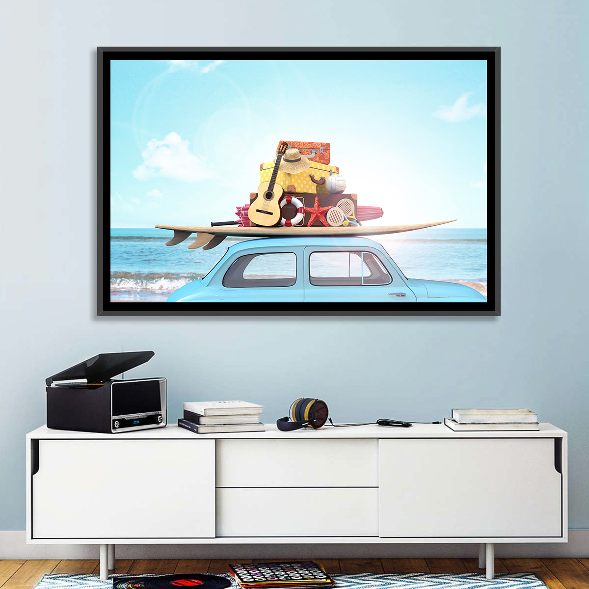 Vintage Car with Surfboard Wall Art in a room, landscape