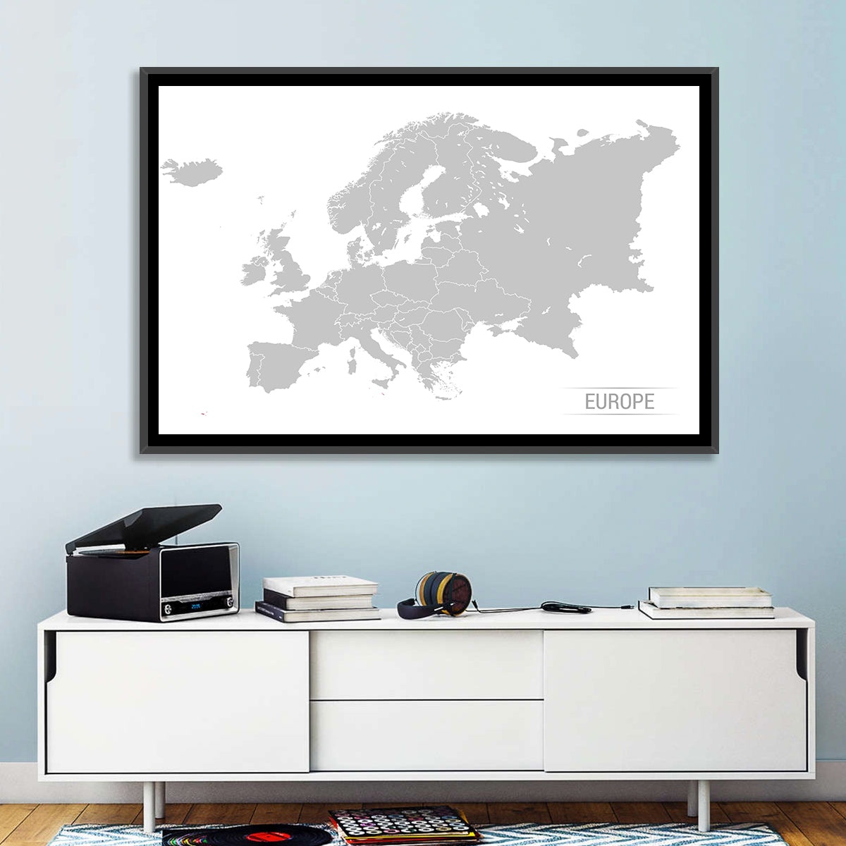 Gray Europe Outline Map Wall Art in a room, landscape