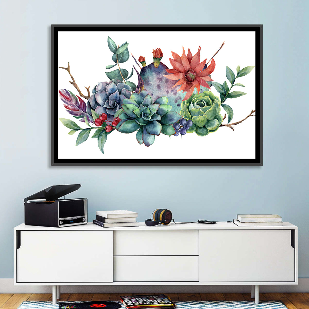 Succulent and Cactus Bouquet Wall Art in a room, landscape