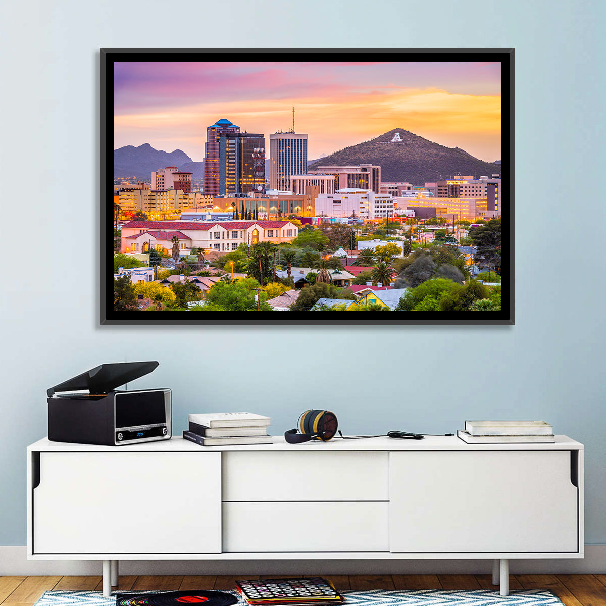 Tucson Skyline at Golden Hour Wall Art in a room, landscape