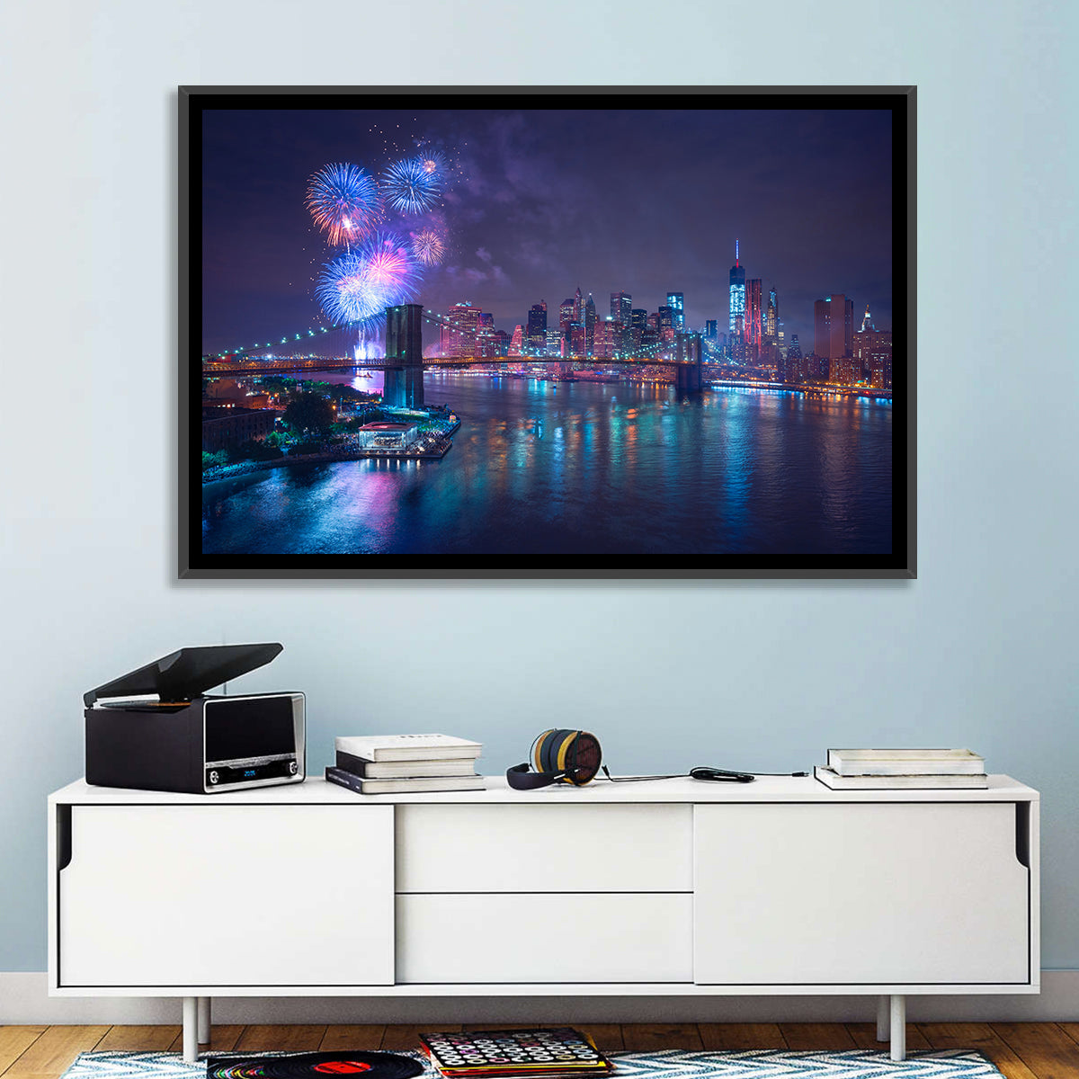 Fireworks Over Brooklyn Bridge Wall Art in a room, landscape