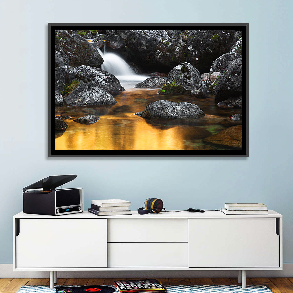 Golden Stream Waterfall Wall Art in a room, landscape