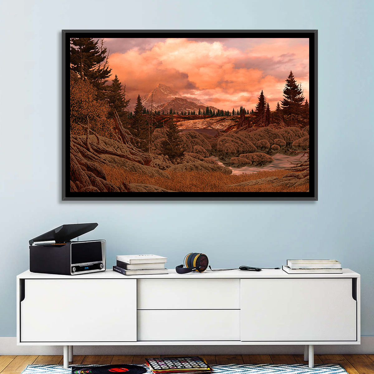 Rocky Mountain Lake at Dusk Wall Art in a room, landscape