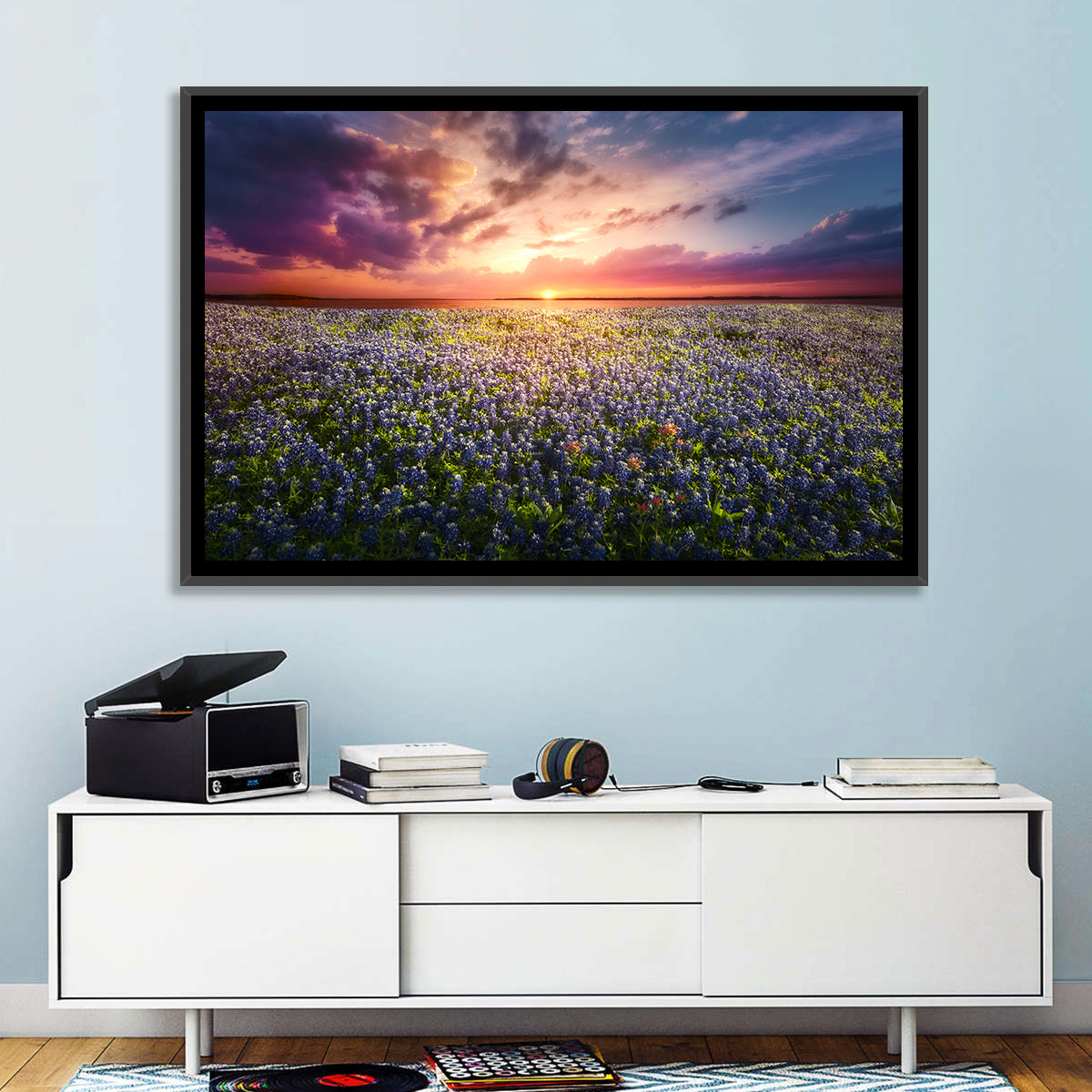 Texas Bluebonnet Sunset Wall Art in a room, landscape