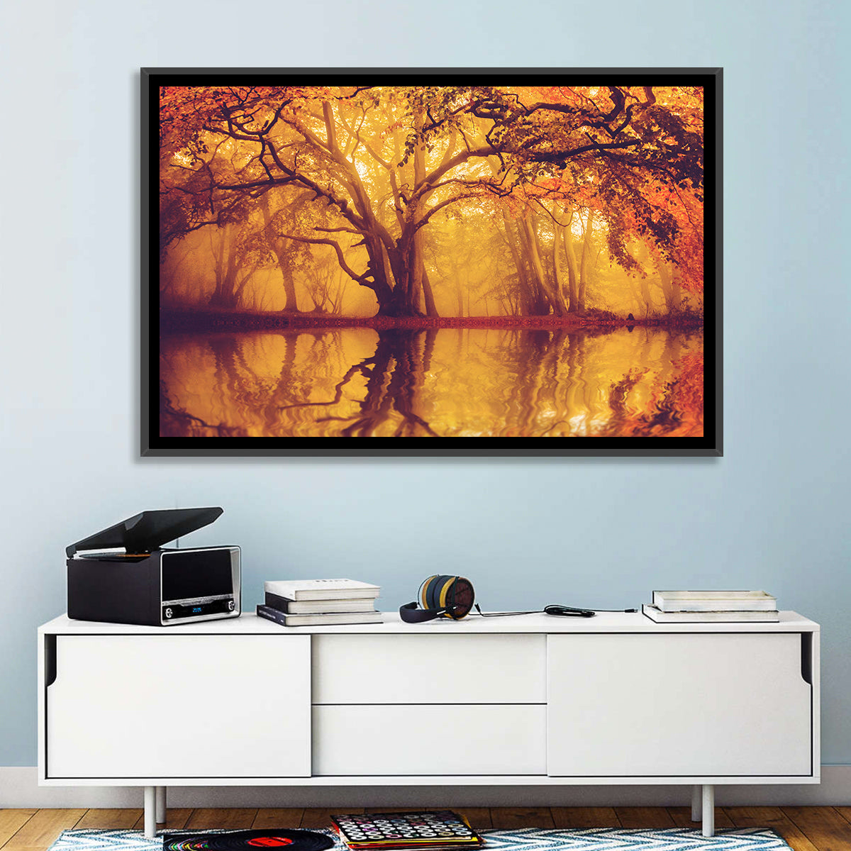 Golden Mist Forest Reflection Wall Art in a room, landscape