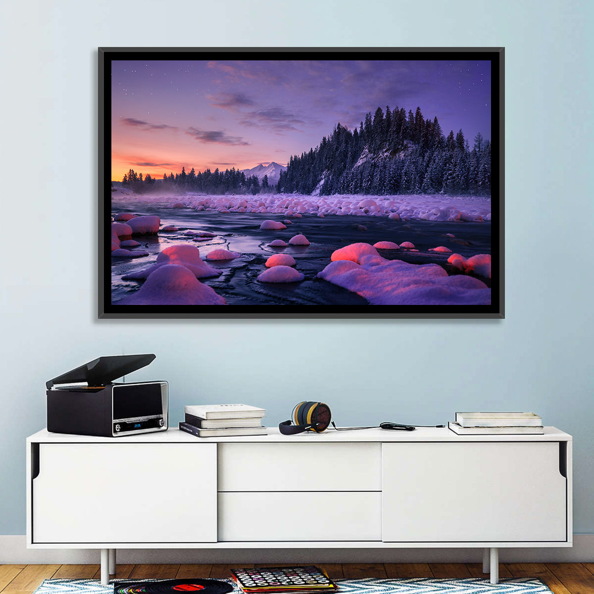 Twilight River and Snowy Pines Wall Art