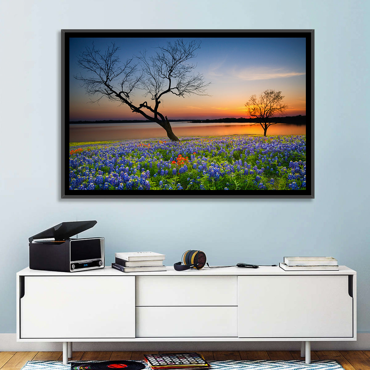 Texas Bluebonnet Sunset Wall Art in a room, landscape