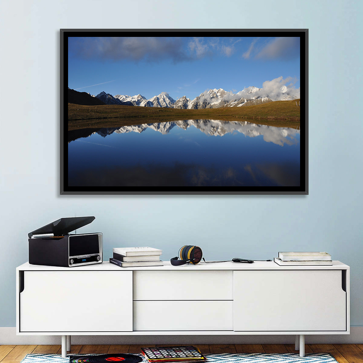 Svaneti Lake Reflection Wall Art in a room, landscape