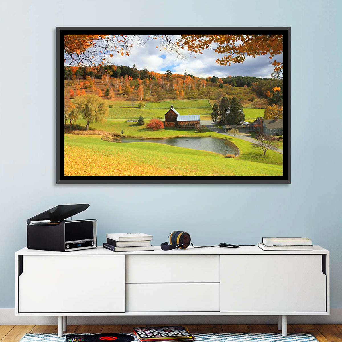 Vermont Barn by Pond Wall Art in a room, landscape