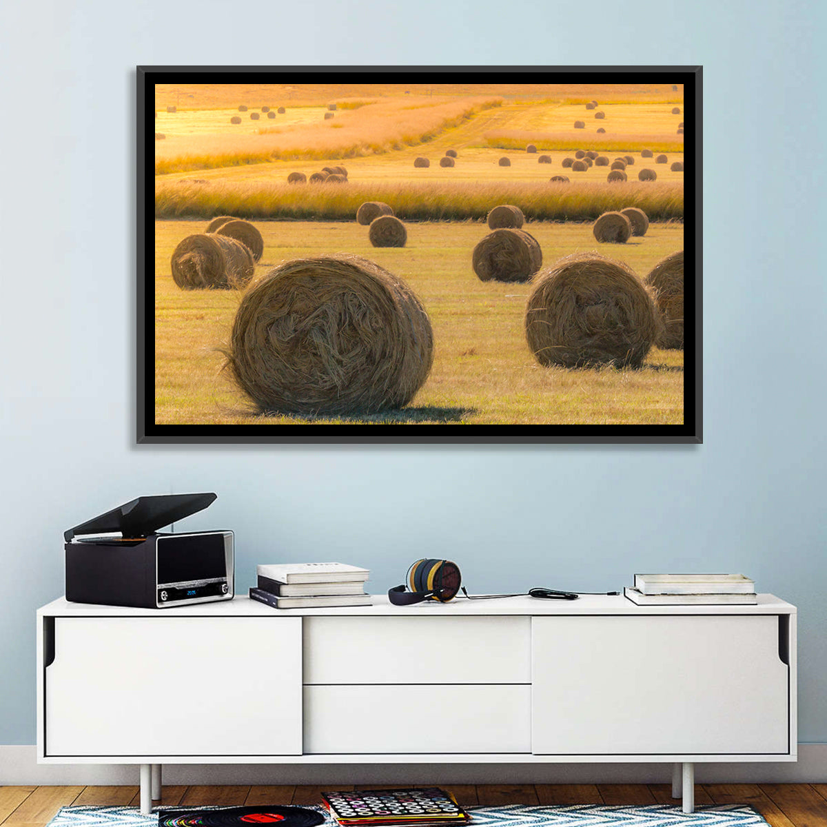Hay Bales at Golden Hour Wall Art in a room, landscape