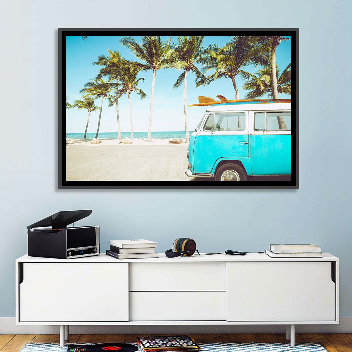 Vintage Vw Bus on Tropical Beach Wall Art in a room, landscape