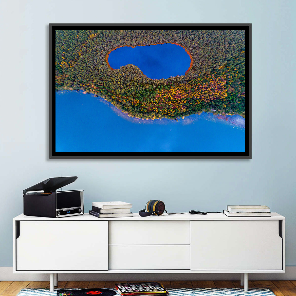 Autumn Forest Lake Wall Art in a room, landscape
