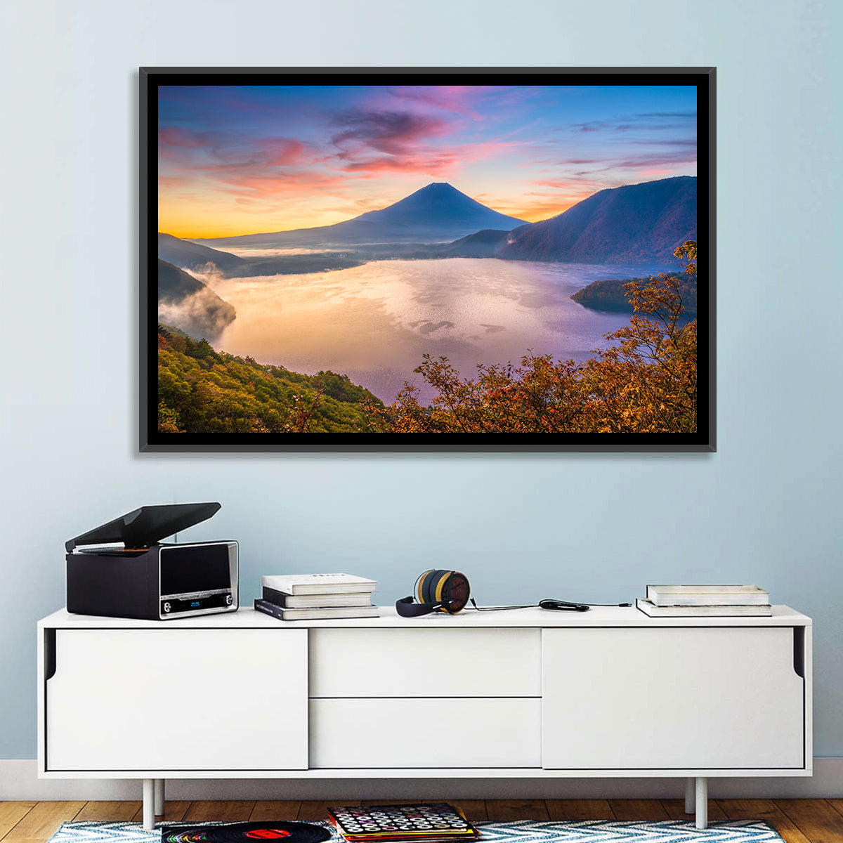 Mount Fuji at Lake Motosu, Autumn Sunrise Wall Art in a room, landscape