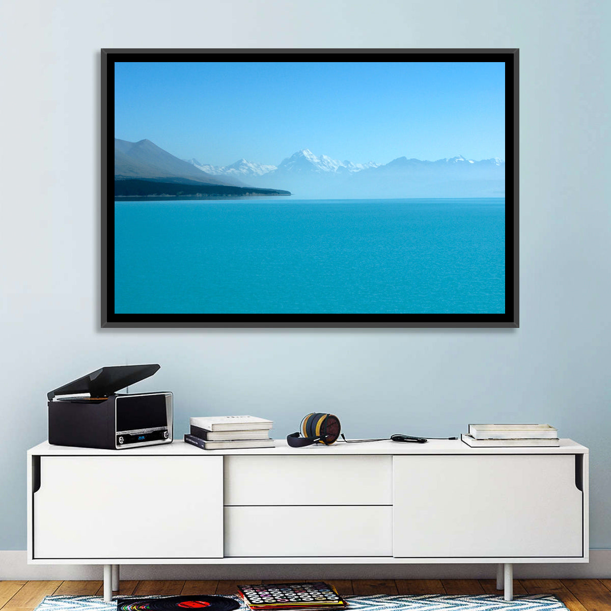 Turquoise Lake Pukaki View of Mount Cook Wall Art in a room, landscape