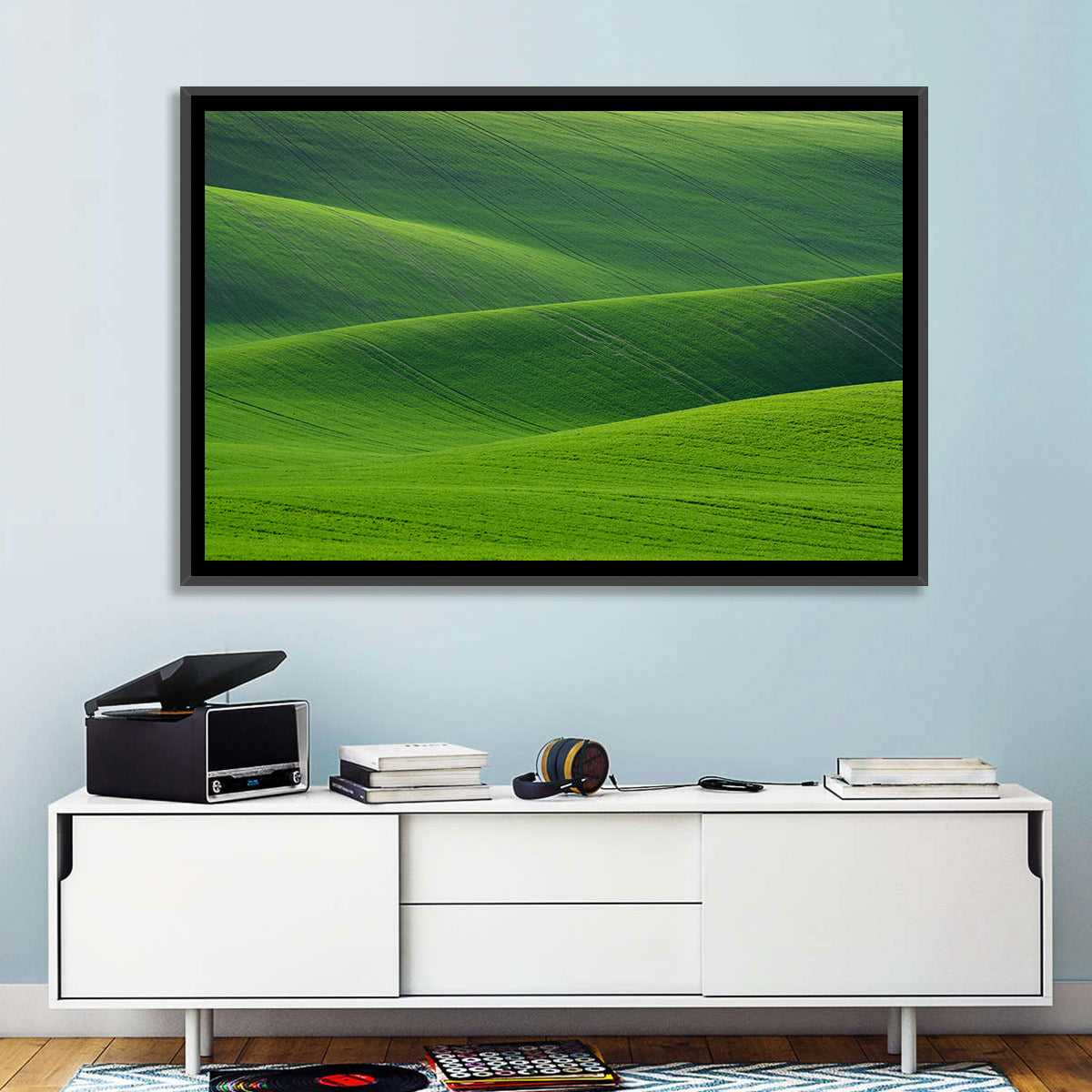 Rolling Emerald Wheat Fields Wall Art in a room, landscape