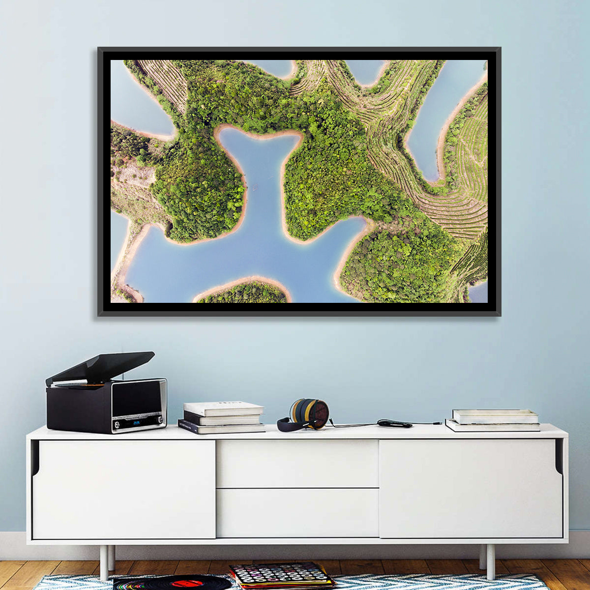 Thousand Island Lake Aerial View Wall Art in a room, landscape