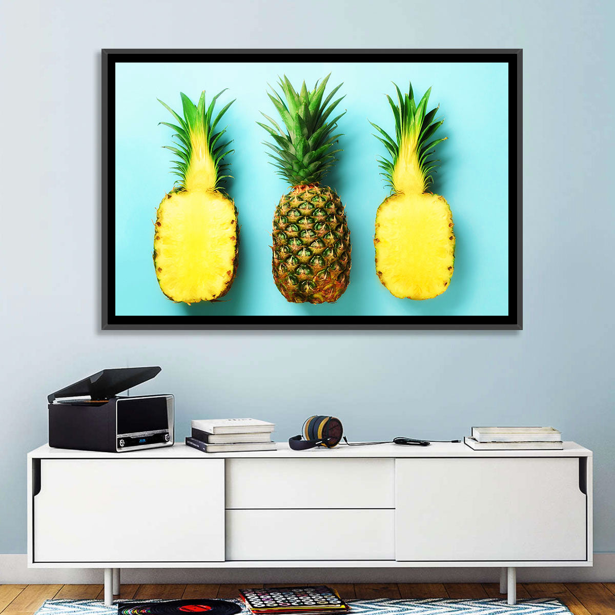 Three Pineapples Minimalist Design Wall Art in a room, landscape