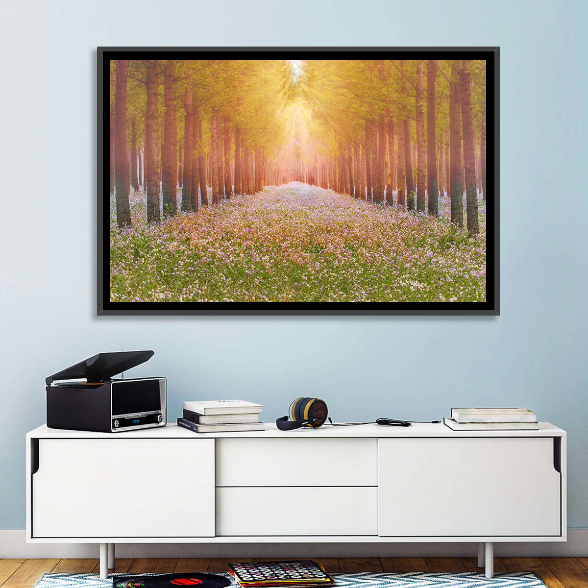 Golden Morning Forest Path Wall Art in a room, landscape